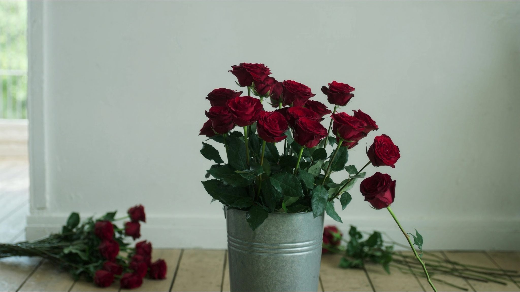 A bunch of deep red roses in a tall zinc bucket